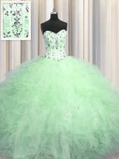 Elegant Visible Boning Ball Gowns Sweet 16 Quinceanera Dress Apple Green Sweetheart Tulle Sleeveless Floor Length Lace Up