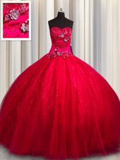 Fancy Red Sleeveless Tulle and Sequined Lace Up Sweet 16 Dresses for Military Ball and Sweet 16 and Quinceanera