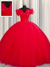 Glittering Off The Shoulder Short Sleeves Tulle With Train Court Train Lace Up Sweet 16 Quinceanera Dress in Red for with Ruching