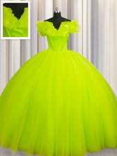 Off The Shoulder Short Sleeves Tulle 15 Quinceanera Dress Ruching Court Train Lace Up