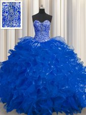 See Through Royal Blue Lace Up Quinceanera Dress Beading and Ruffles Sleeveless Floor Length