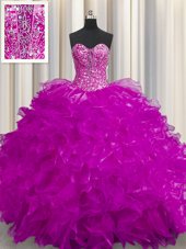 Affordable See Through Sweetheart Sleeveless Organza 15 Quinceanera Dress Beading and Ruffles Lace Up
