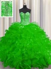 Deluxe See Through Organza Sweetheart Sleeveless Lace Up Beading and Ruffles Quinceanera Gowns in