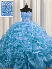 Excellent Baby Blue Sweet 16 Dresses Military Ball and Sweet 16 and Quinceanera and For with Beading and Pick Ups Sweetheart Sleeveless Court Train Lace Up