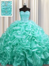 Discount Court Train Aqua Blue Ball Gowns Beading and Pick Ups Quinceanera Gowns Lace Up Organza Sleeveless With Train