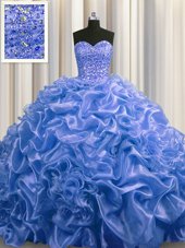 Pretty Sleeveless With Train Beading and Pick Ups Lace Up Quinceanera Gown with Blue Court Train