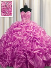 Admirable Lilac Organza Lace Up Ball Gown Prom Dress Sleeveless With Train Court Train Beading and Pick Ups