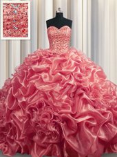 Pretty Watermelon Red Ball Gowns Organza Sweetheart Sleeveless Beading and Pick Ups With Train Lace Up Quince Ball Gowns Court Train