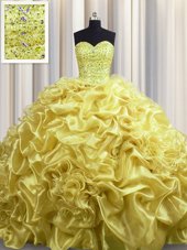 Elegant Gold Organza Lace Up Sweetheart Sleeveless With Train Sweet 16 Dresses Court Train Beading and Pick Ups