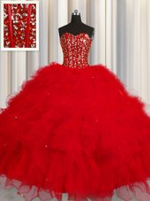 Modest Visible Boning Sleeveless Tulle Floor Length Lace Up Quinceanera Dress in Red for with Beading and Ruffles and Sequins