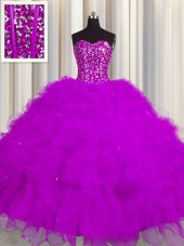 Simple Visible Boning Fuchsia Lace Up Sweet 16 Quinceanera Dress Beading and Ruffles and Sequins Sleeveless Floor Length