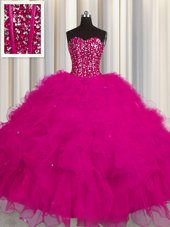 Shining Visible Boning Fuchsia Sleeveless Beading and Ruffles and Sequins Floor Length Quinceanera Gown
