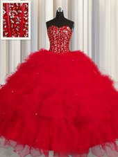 Dramatic Visible Boning Red Sleeveless Beading and Ruffles and Sequins Floor Length Sweet 16 Quinceanera Dress