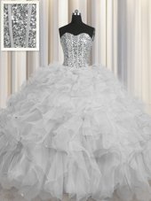 Discount Visible Boning Sleeveless Lace Up Floor Length Beading and Ruffles and Sequins 15 Quinceanera Dress
