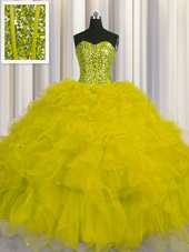 Shining Visible Boning Olive Green Sweetheart Neckline Beading and Ruffles and Sequins Ball Gown Prom Dress Sleeveless Lace Up