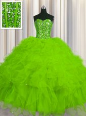 Sexy Visible Boning Yellow Green Sleeveless Tulle Lace Up Quince Ball Gowns for Military Ball and Sweet 16 and Quinceanera
