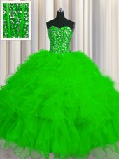 Visible Boning Tulle Lace Up Sweetheart Sleeveless Floor Length 15th Birthday Dress Beading and Ruffles and Sequins