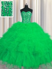 Visible Boning Ball Gowns Sweet 16 Dress Green Sweetheart Tulle Sleeveless Floor Length Lace Up