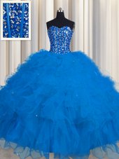 Amazing Visible Boning Sleeveless Tulle Floor Length Lace Up Quince Ball Gowns in Blue for with Beading and Ruffles and Sequins