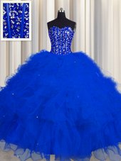 Excellent Visible Boning Tulle Sleeveless Floor Length 15 Quinceanera Dress and Beading and Ruffles and Sequins