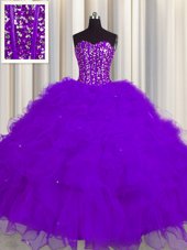 Exquisite Visible Boning Purple Sleeveless Floor Length Beading and Ruffles and Sequins Lace Up Sweet 16 Quinceanera Dress