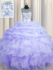 Shining See Through Scoop Floor Length Ball Gowns Sleeveless Lavender Sweet 16 Quinceanera Dress Lace Up