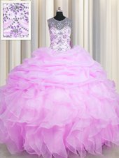 Hot Sale See Through Organza Sleeveless Floor Length Quinceanera Gown and Beading and Ruffles and Pick Ups