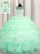 High End See Through Apple Green Organza Lace Up Scoop Sleeveless Floor Length Vestidos de Quinceanera Beading and Ruffles and Pick Ups