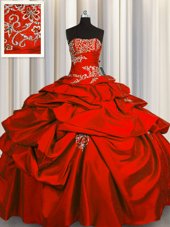 Perfect Red Taffeta Lace Up Strapless Sleeveless Floor Length Quinceanera Dresses Appliques and Pick Ups