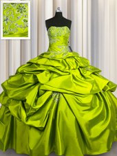 Cheap Yellow Green Sleeveless Floor Length Beading and Pick Ups Lace Up Sweet 16 Quinceanera Dress