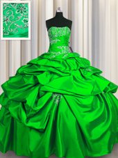 Dramatic Strapless Sleeveless Quinceanera Gown Floor Length Appliques and Pick Ups Green Taffeta
