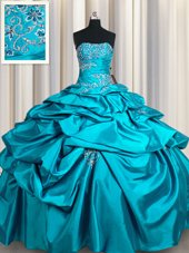 Comfortable Sleeveless Floor Length Appliques and Pick Ups Lace Up Quinceanera Gown with Aqua Blue