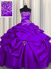 Dramatic Purple Taffeta Lace Up Strapless Sleeveless Floor Length Sweet 16 Dresses Appliques and Pick Ups