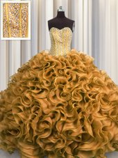 Perfect Visible Boning Gold Organza Lace Up Sweetheart Sleeveless Floor Length 15th Birthday Dress Beading and Ruffles