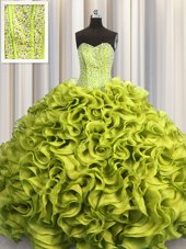 Luxury Visible Boning Organza Sleeveless Floor Length Quinceanera Gown and Beading and Ruffles