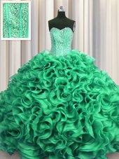 Fashionable Visible Boning Floor Length Ball Gowns Sleeveless Turquoise 15 Quinceanera Dress Lace Up
