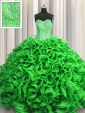 Captivating Visible Boning Organza Sweetheart Sleeveless Lace Up Beading and Ruffles Sweet 16 Dress in Green