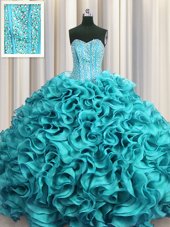 Decent Visible Boning Aqua Blue Organza Lace Up Sweetheart Sleeveless Floor Length Quinceanera Gowns Beading and Ruffles