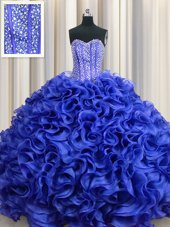 Low Price Visible Boning Organza Sweetheart Sleeveless Lace Up Beading and Ruffles Sweet 16 Dresses in Royal Blue