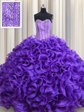 Free and Easy Visible Boning Purple Sweetheart Neckline Beading and Ruffles Vestidos de Quinceanera Sleeveless Lace Up