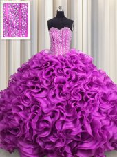 Visible Boning Fuchsia Sleeveless Organza Lace Up Sweet 16 Quinceanera Dress for Military Ball and Sweet 16 and Quinceanera