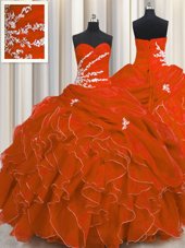 Graceful Sleeveless Floor Length Beading and Appliques and Ruffles Lace Up Sweet 16 Dress with Orange Red