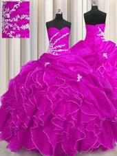 Captivating Fuchsia Sweetheart Lace Up Beading and Appliques and Ruffles Quinceanera Dress Sleeveless