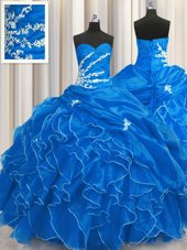 Sumptuous Sleeveless Organza Floor Length Lace Up Quinceanera Gown in Blue for with Beading and Appliques and Ruffles