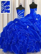 Dramatic Organza Sweetheart Sleeveless Lace Up Beading and Appliques and Ruffles Quinceanera Gowns in Royal Blue