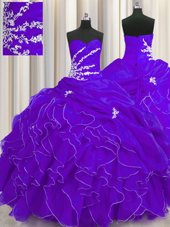 Designer Purple Lace Up Vestidos de Quinceanera Beading and Appliques and Ruffles Sleeveless Floor Length