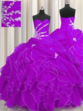 Spectacular Purple Ball Gowns Organza Sweetheart Sleeveless Beading and Appliques and Ruffles Floor Length Lace Up Quince Ball Gowns