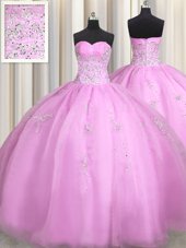 Lovely Lilac Organza Lace Up Sweet 16 Dress Sleeveless Floor Length Beading and Appliques