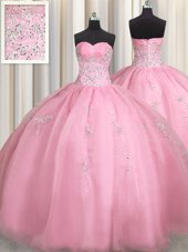 Top Selling Floor Length Zipper Quince Ball Gowns Rose Pink and In for Military Ball and Sweet 16 and Quinceanera with Beading and Appliques