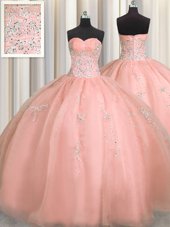 Enchanting Puffy Skirt Organza Sleeveless Floor Length 15 Quinceanera Dress and Beading and Appliques